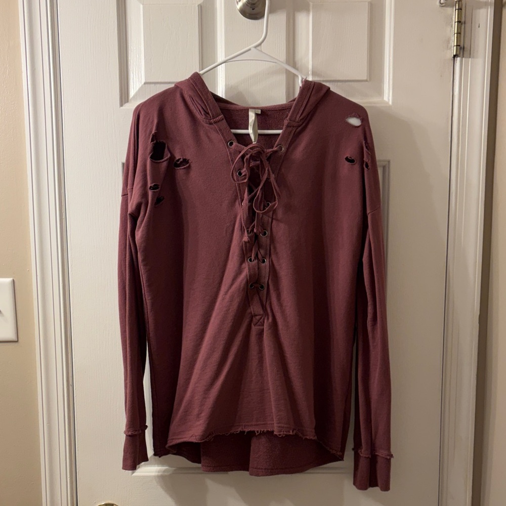 Mono B Lace-Up Distressed Hoodie in Plum